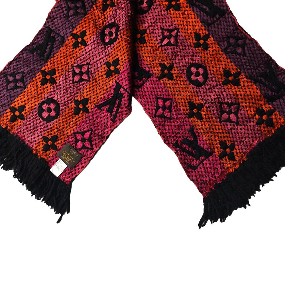 Louis Vuitton LV Black Pink Orange Multi-color Shine Monogram Logomania Scarf - Picture 7 of 8